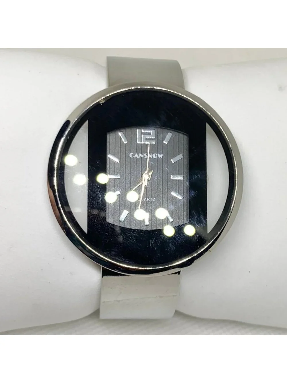 Cansnow silver black tone cuff bracelet women’s watch 42mm  quartz 6.5” running
